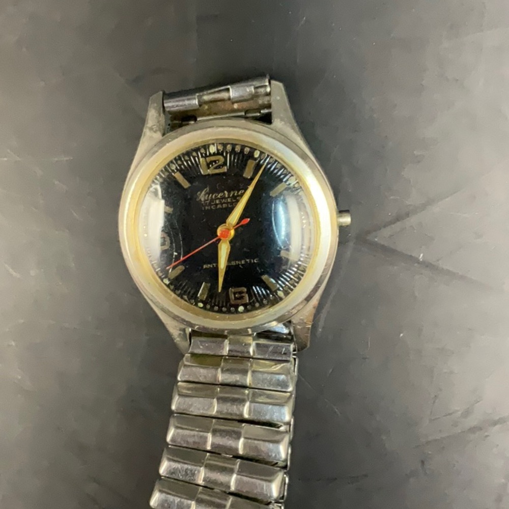 Vintage Lucerne Watch 17J Automatic Black Dial Red Second Hand Gold Accents